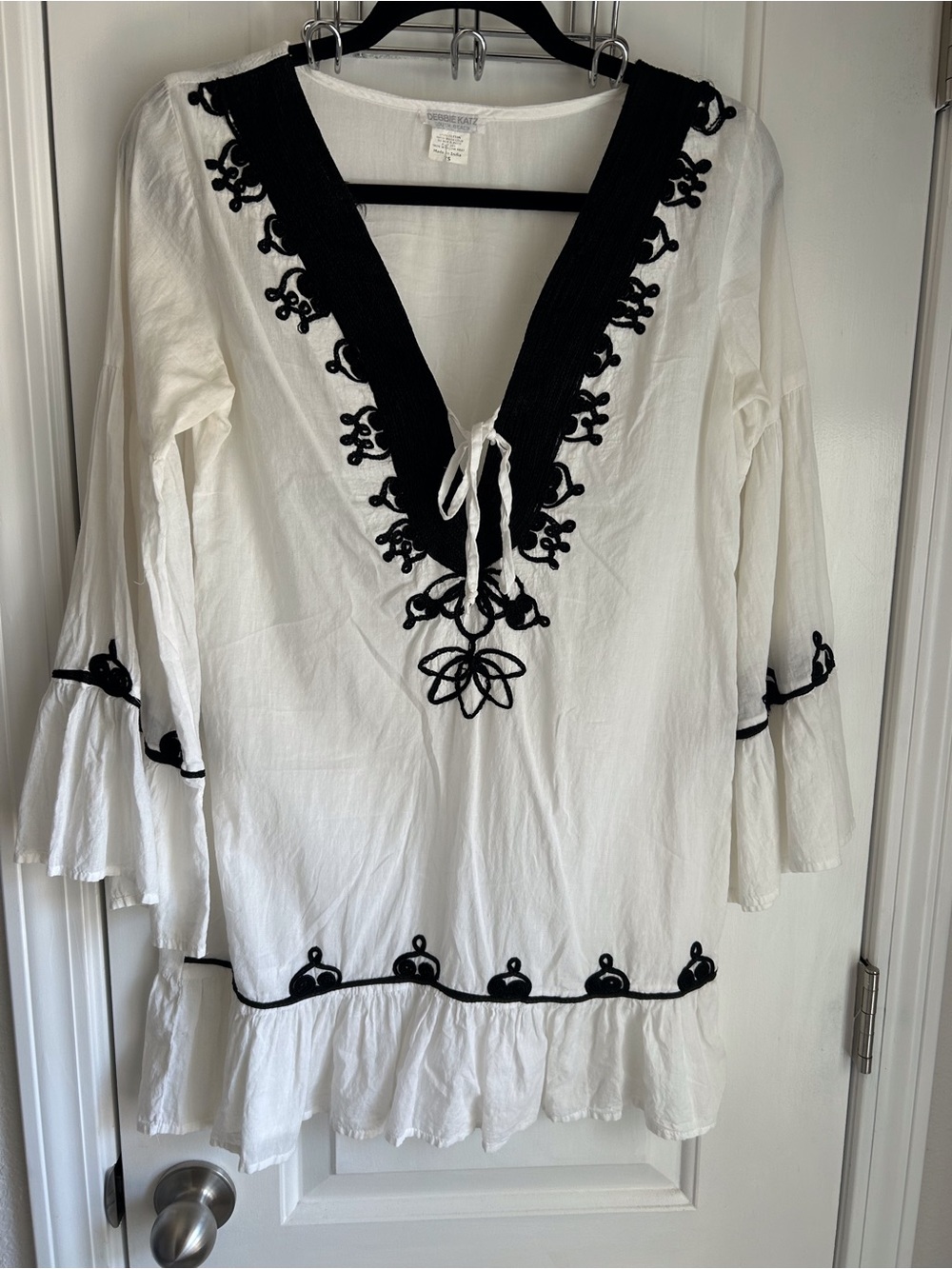 White V-Neck Embroidered Peasant Tunic with Black Trim
